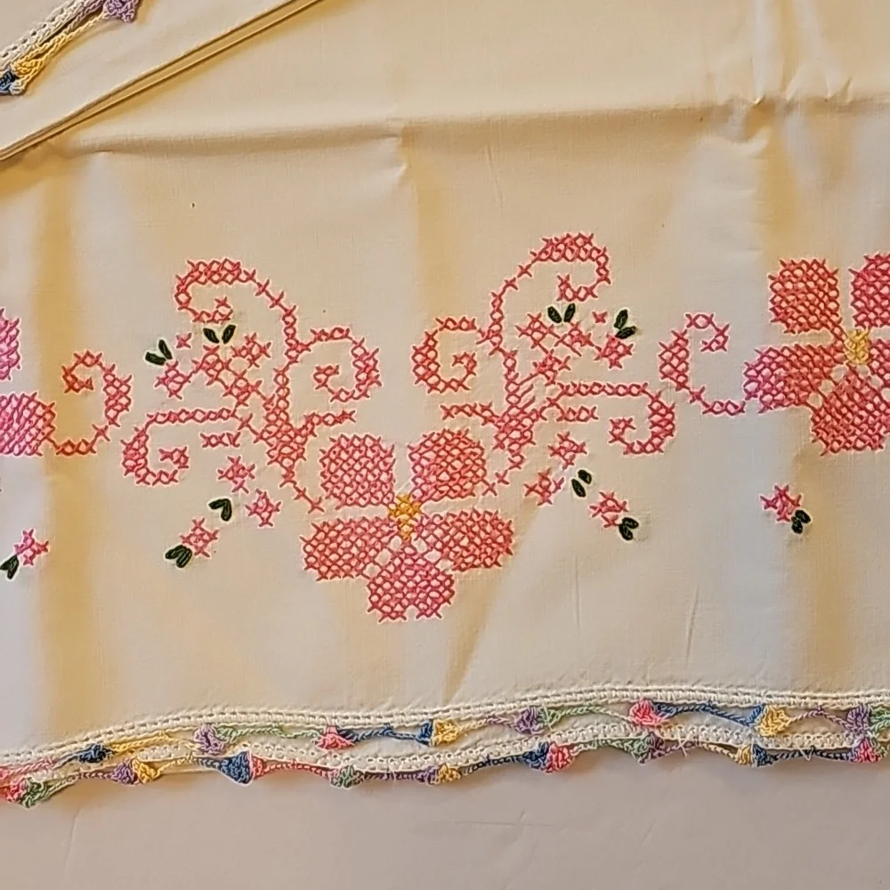 Vintage TWO Crocheted & Embroidered Standard White Pillowcases Granny Made NWOT